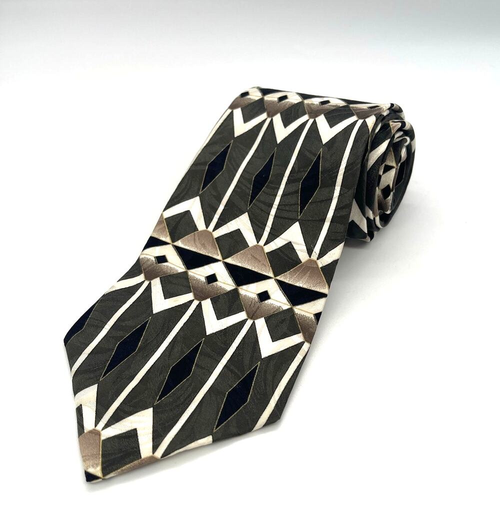 Zylos George Machado Green Cream Black Geometric Necktie 56” L 4” W Silk Tie